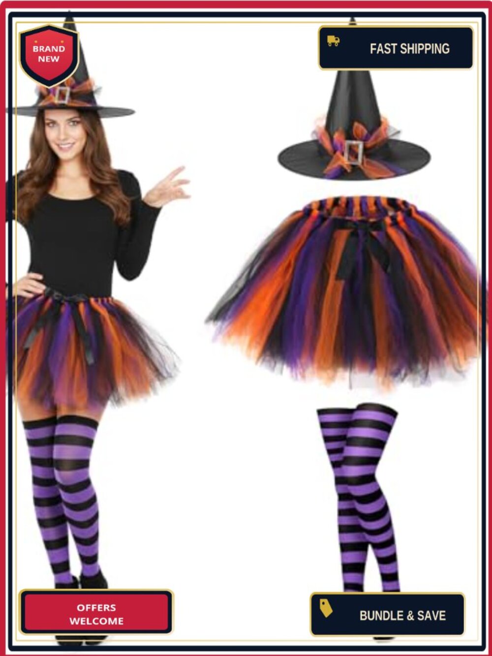 Witch Costume Set Tutu Skirt Hat Striped Tights Halloween Adult